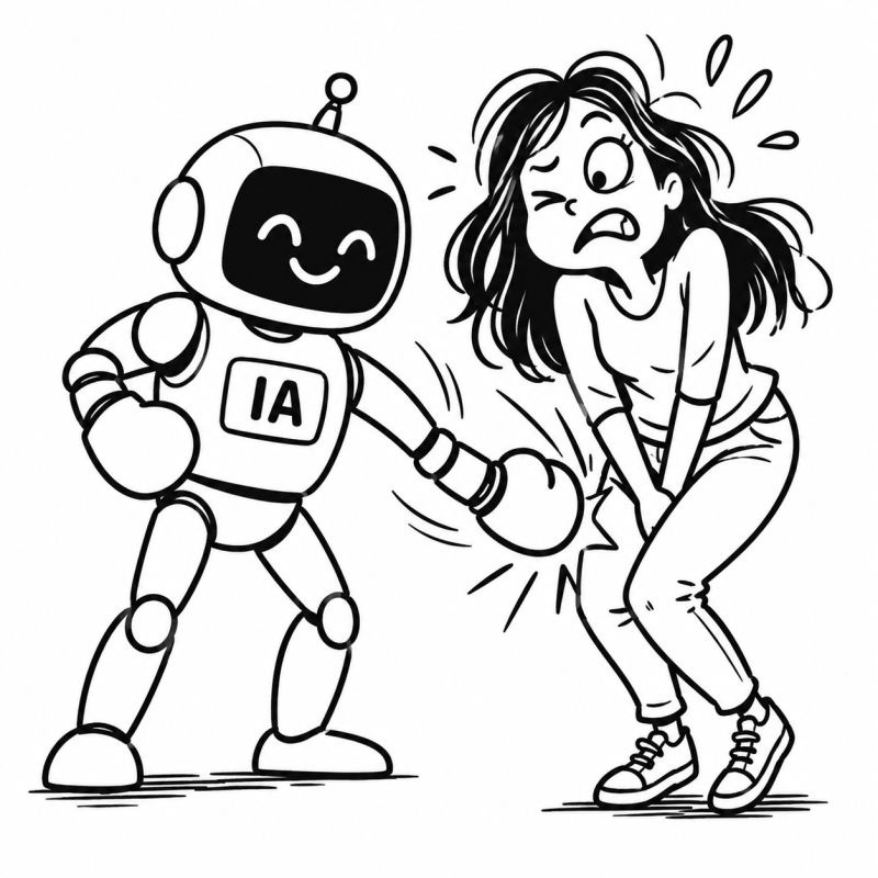 Ilustración en blanco y negro de un robot sonriente con las letras IA y guantes de boxeo, dando un golpe bajo a una mujer que se encoge de dolor.
