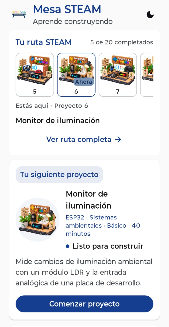 Pantalla principal de Mesa STEAM en modo claro